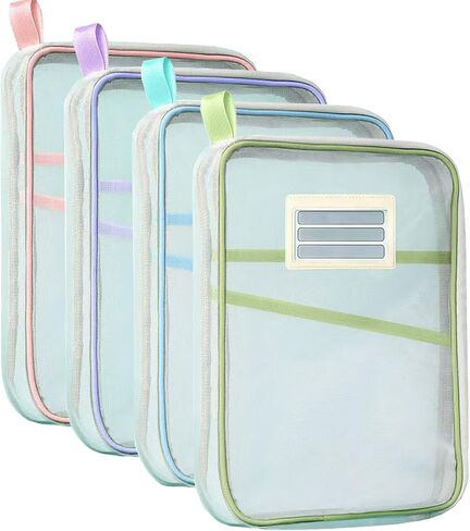 Nylon Document Bag with Zipper Light Transparent Mesh File Bag Pouch with Strap for Books A4 Documents Organizer (4, Pink&Purple&Green&Blue) in Saudi Arabia