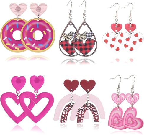 Bocar 6 Pairs Valentine's Day Hot Pink Earrings Set Heart Dangle Earrings for Women Costume Earrings Accessories Jewelry Gift (BER-1223) in Saudi Arabia