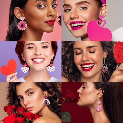 Bocar 6 Pairs Valentine's Day Hot Pink Earrings Set Heart Dangle Earrings for Women Costume Earrings Accessories Jewelry Gift (BER-1223) in Saudi Arabia
