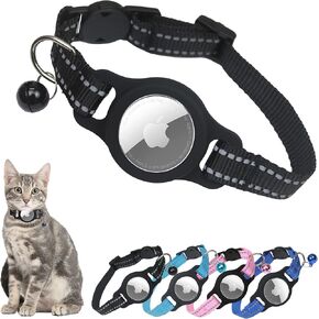 Reflective Airtag Cat Collar, Umvitendt Integrated Cat Collars with Air Tag Case and Bell, Adjustable GPS Tracker Collars with Elastic Safety Band for Girl Boy Cats, Kitties and Puppies (Black)