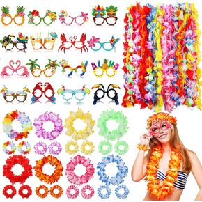 Blosssound 88 PCS Hawaiian Leis Party Decorations مجموعة هاواي ليس بلوك Luau Party Paper Paper Classes Tropical Flower Betclaces Bracelets Captires Complands for Summer Beach Party Forms Suppors Suppors