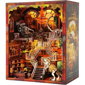 Book Nook Kit - DIY BookNook for Dinosaur Museum 3D Wooden Puzzle مع LED Light ، وديكور رف الكتب المذهل ، للعطلات وأعياد الميلاد ومكتبات المنزل