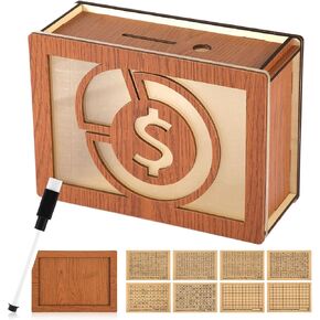 صندوق المال مع العداد ، Wooden Coin Bank قابلة لإعادة الاستخدام نقدية نقدية قبو 10000 دولار الخنزير بنك براون النقود مربع الأموال الخشبية مع ملصق للهدية الفتيات الفتاة أصدقاء البالغين