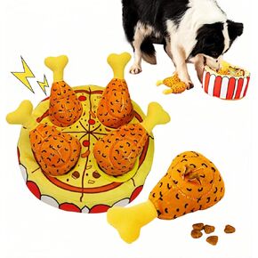 Squeaky Hide and Seek Plush Dog Toy with Food Pockets & Pizza Tub - Interactive Puppy Toys for Mental Stimulation, Boredom Relief & Training (4 Chicken Legs Included)