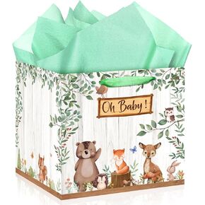 Extra Large Baby Gift Bag, Woodland Animal Square Gift Bag Sage Green Baby Shower Jumbo Gifts Bag with Handles and Tissue Papers Oh Baby Wrapping Paper Bag for New Parents Gender Reveal Party Favors