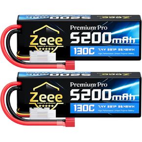Zeee Premium Pro 2S Lipo Battery 5200mAh 7.4V 130C RC Battery Hard Case with T Pluge Compatible مع 1/8 1/10 RC Car Slash RC RC Trouggy RC Racing Models (2 Pack)