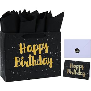 13" Large Black Gift Bag Set with Greeting Card and Tissue Papers (Stars and Gold Foil ‘Happy Birthday’) for Men's or Women's Party, Boys', Girls' or Kids' Birthday Parties, Baby Boy or Girl, Baby Shower - 13"x5.2"x10.2", 1 Pcs.