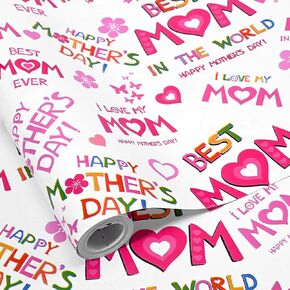Sanixin 1 Roll Mother's Day Paper ، Best Mom Pink Floral Butterfly Heart Print Plage Paper for Mother's Birthday Party Craft ، 17 بوصة × 32.8 قدمًا