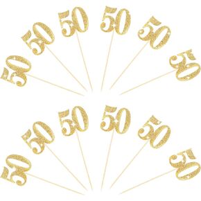 12pcs الذهب 50 عيد ميلاد العصي مركزية بريق رقم 50 الجدول مركزية القبعات الزهرة ، محور 50th لزواج حفلات الزفاف لوازم الاحتفال