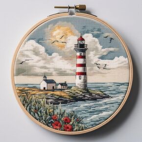 Aoto Cross Cross Stitch Lighthouse Temthouse Att ، طوق 12 بوصة ، 11ct مختومة ، مجموعة بداية DIY للبالغين والمراهقين ، تصميم منارة متعدد الألوان الحديثة ، غير قابلة للطيور
