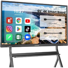 65" Smart Board+Wall Mount+Stand, 65 Inch Interactive Digital Whiteboard Display, 4K UHD Touchscreen Electronic All-in-One Computer for Classroom Office Home Business