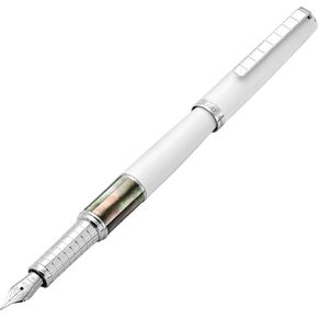 Xezo Speed ​​Master Fountain Pen ، Nib Fine Tear. أبيض غير لامع مع والدة بيرل السوداء التاهيتي. مطلي بالكروم. جسم نحاسي خفيف الوزن. لا اثنين على حد سواء. محفور برقم تسلسلي