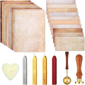 27 PCS Paper Paper and Envelope مجموعة ، مظاريف ورق القرطاسية مع شمع الشمع شموع الشاي شموع خشبية ملعقة الشمع لختم الحروف (النمط العتيق)