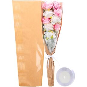 HSONAIGEE 50 Pieces Flower Bouquet Wrapping Paper, 22 x 14.2 x 4.7 Inch Flower Bags for Bouquets Kraft Floral Wrap Sleeves with Ribbons for Home Mother’s Day Wedding Flower Bar Supplies