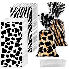 SociaOooil 100 PCS Cow Print Age Acags Print Party Bags Cellophane Cellovane Caldy Bags Plastic Goodie Valing Bags Party Form