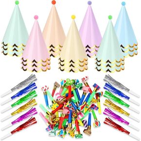 90 PCS Pastel Party Cone Hats مع قبعات ورقية معكرون ذات طابع صغير مع POM POMS والاحتفال بالحبل المرن للأطفال البالغين عيد ميلاد استحمام الطفل الإمدادات العام الجديد