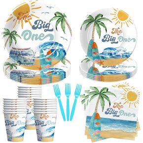 The Big One Surf Decorts Decortations Boy Boy ، ركوب الأمواج ، زخارف حفلة عيد الميلاد الأولى ، اللوحة ، الكأس ، منديل ، شوكة ، Summer Beach Surf 1st Birthday Party Supplies | خدمة 24 ، HVD0518
