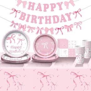 Pink Bow Birthday Party Supplies Coquette Birthday Party Decorations Includes Pink Bow Plates Napkins Cups Tablecloth Banner for Girls Bachelorette Party Decorations, Serve 24