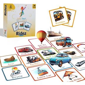 Ridez Flashcards - 36 بطاقة في مربع | تعرف على المركبات ونقل المرح | هدية تعليمية للأطفال الذين تتراوح أعمارهم بين 2-4 | بطاقات تعلم الأطفال ، تعليمية ، تعلم ما قبل المدرسة