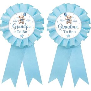 Baby Bear Grandma to Be Tinplate Badge Pin, Cute Bear Grandpa to Be Pin, Gender Reveal Button for New Grandparents, Blue Rosette Grandma Award Ribbon, Bear Themed Baby Shower Party Favors