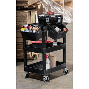 LUXOR SEC111-B-OUTRIG 24" x 18" Plastic Utility Tub Cart - Three Shelves with Outrigger Utility Cart Bins