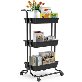 3-Tier Rolling Utility Cart with Wheels, Multi-Function Storage Cart with Lockable Wheels and Mesh Basket, Perfect for Use in Your Kitchen, Bathroom or Living Room or Balcony,Black