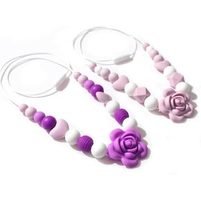 2Pcs Purple Flower Nursing Necklaces - Breastfeeding Silicone Jewelry,Fiddle Sensory Silicone Necklaces,Calming Newborn Emotions Necklace,New Mama Nursing Rose Necklace