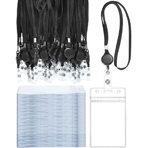 Marspark 50 Set Lanyard مع مجموعات حامل الهوية تشمل الحبل المسطح مع بكرة شارة قابلة للسحب واسم بطاقة الهوية الرأسية الواضحة وحامل شارة الهوية لرخصة قيادة معرف المكاتب (أسود)