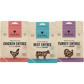 Vital Essentials Freeze Dried Raw Dog Food Variety Pack, Complete & Balanced Whole Animal Protein, Beef & Chicken & Turkey Mini Nibs 5.5 oz