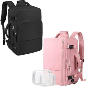 حقائب الظهر الكبيرة للسفر (2 قطعة وردية ووردية) كـ Person Item Flight معتمدة ، 35-40L على ظهر حقيبة ظهر ، وحقيبة محمول 17 بوصة ، ومقاومة للماء ، وحقيبة الكتب الكلية المتينة ، وحقيبة المشي لمسافات طويلة