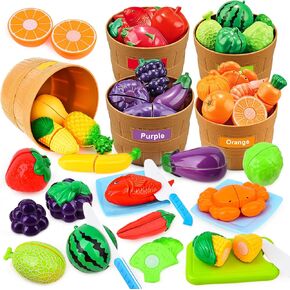 Learning Toys Play Food Set for Toddlers,59 PCS Color Sorting Play Food Set Cutting Toys Pretend Food Play Kitchen Accessories ,Learning Educational Toys Color and Food Matching Games for Toddler Kids