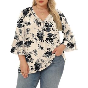 Rapbin Womens Plus Size Tops 3/4 Length Sleeve V Neck Pleated Shirts Loose Fit Tunic Blouse (1X-5X)