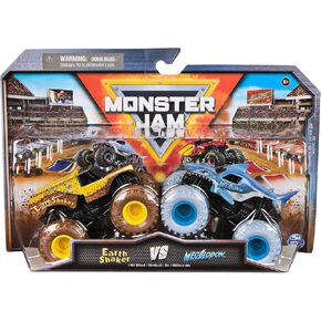 Monster Jam ، Shaker الرسمية Earth Shaker Vs. Megalodon Die-Cast Monster Trucks ، 1:64 Scale ، ألعاب الأطفال للأولاد الذين تتراوح أعمارهم بين 3 وما فوق