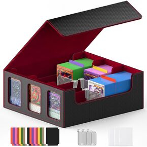 TopMade MTG Deck Box with Commander Display for Trading Cards 2400+ with 18 Colorful Divider, Leather Magnetic Commander Trading Card Storage Box for YuGiOh, MTG, TCG and Sport Cards - Black & Red