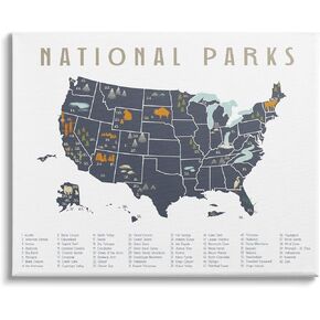 Stupell Industries National Parks United States Adventure Map Blue White ، صممه Daphne Polselli Canvas Wall Art ، 20 × 16