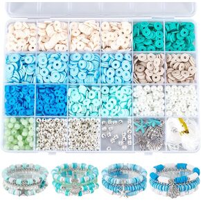 Sunnyclue 1 Box 1716pcs DIY 4 مجموعات سوار حول موضوع المحيط مجموعة أبيض من البوليمر الأزرق البوليمر الطين بالتجمعات النجمية العواء حبة الصيف هاواي البحر سحر زجاجي لؤلؤة لمجوهرات صنع مجموعات النساء
