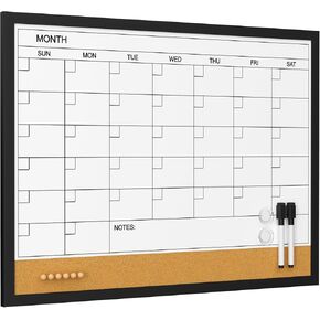 Large Monthly Whiteboard Calendar with Cork for Wall, 24" x 18" Dry Erase Board with Wooden Framed, Hanging Dry Erase Calendar for Home, Office, School
