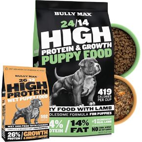 Bully Max Puppy Growth and Nutrition Bundle - غذاء الكلاب الجاف الطبيعية عالية البروتين (كيس 5 رطل) وطعام الكلب الرطب (2 رطل جاف ، يصنع 5.5 رطل من الطعام الرطب) لجرو صغير وكبير سلالة - لحم الضأن والدجاج