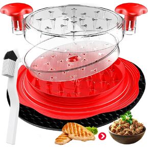 Large Chicken Shredder Tool Twist – BPA-Free Meat Shredder with Visible Lid, Anti-Slip Base, Ergonomic Handle with Brush for Easy Cleaning and Quick Shredding of Chicken, Beef, & Vegetables (Red)