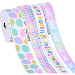 4 Rolls Easter Grosgrain Ribbons, Happy Easter Egg Bunny Gingham Ribbon for Crafts Baskets Gift Wrapping Wreaths Spring Decoration Hair Bows, 5/8 Inch and 1 Inch, 20 Yard (60 Feets) in Total