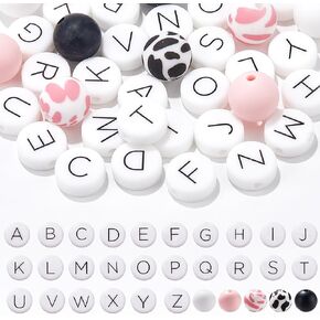 Sunnyclue 1 Box 36PCS Silicone Letter Beads Bulk Alphabet Beads English A-Z Capital White Black Pink Flat Round Roulding Beads for Jewelry Making Diy Crafts Neckleace Bracelet Breads