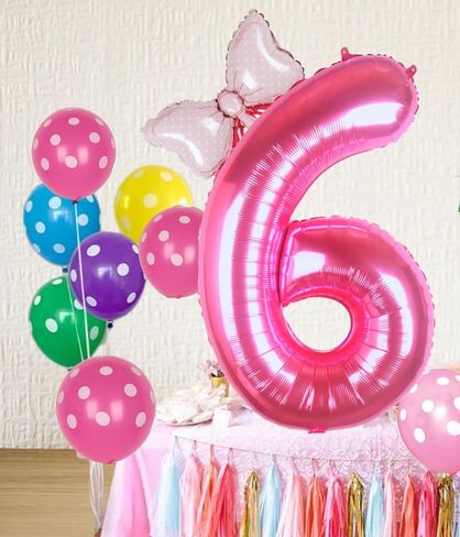 40 Inch Pink Number 6 Balloon with Mini Bow Balloon for Girls 6th Birthday Decorations, Pink Princess Western Cowgirl Theme Birthday Party Balloons Decorations Supplies in Saudi Arabia