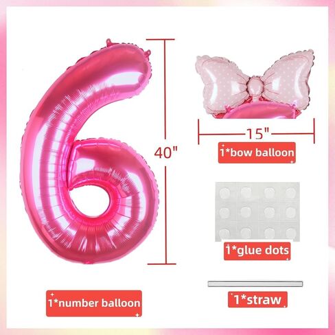 40 Inch Pink Number 6 Balloon with Mini Bow Balloon for Girls 6th Birthday Decorations, Pink Princess Western Cowgirl Theme Birthday Party Balloons Decorations Supplies in Saudi Arabia