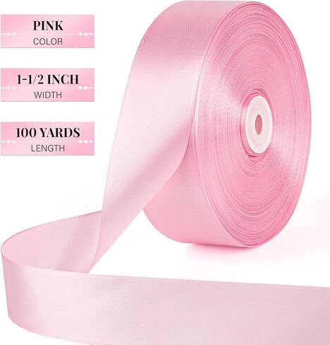 1-1/2 Inch 100 Yards Pink Satin Ribbon, Solid Fabric Ribbon Roll for Mother's Day Flower Bouquet, Gift Wrapping, Roses Making, Handmade Crafts in Saudi Arabia