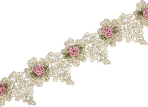 uxcell Rose Flower Embroidered Lace Trim Ribbon, 2 Yards Polyester White Pearl Embroidered Lace Trim Fabric Appliques for Wedding DIY Craft Decoration 2.2 Inch Width, Gold in Kuwait