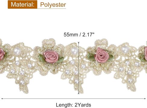 uxcell Rose Flower Embroidered Lace Trim Ribbon, 2 Yards Polyester White Pearl Embroidered Lace Trim Fabric Appliques for Wedding DIY Craft Decoration 2.2 Inch Width, Gold in Kuwait