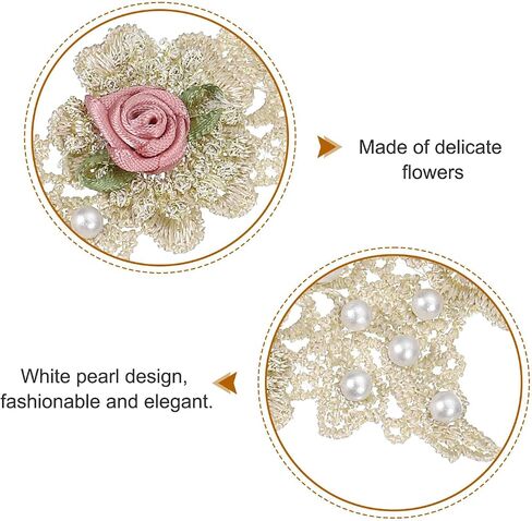 uxcell Rose Flower Embroidered Lace Trim Ribbon, 2 Yards Polyester White Pearl Embroidered Lace Trim Fabric Appliques for Wedding DIY Craft Decoration 2.2 Inch Width, Gold in Kuwait