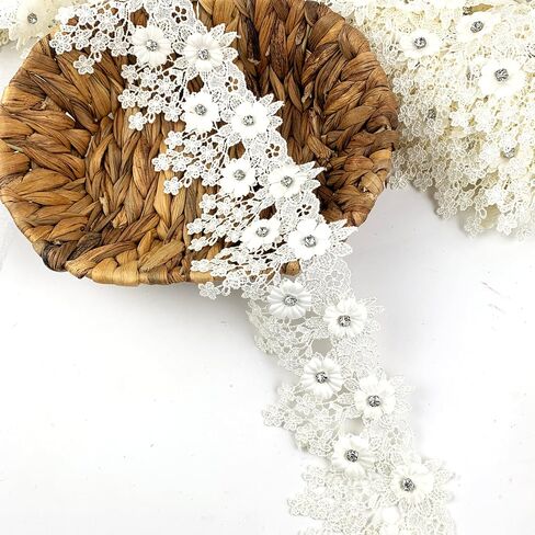 Heyiwell 1Yard Pink 3D Rhinestone Embroidered Flower with Tassel Lace Edge Trim for Sewing Crafts Clothes Dress Home Decoration 3.5" Inch in Saudi Arabia