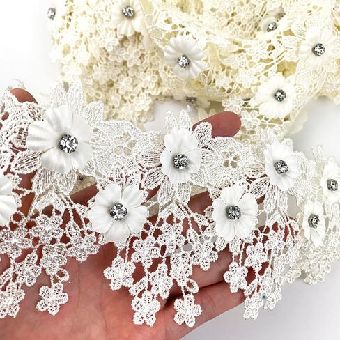Heyiwell 1Yard Pink 3D Rhinestone Embroidered Flower with Tassel Lace Edge Trim for Sewing Crafts Clothes Dress Home Decoration 3.5" Inch in Saudi Arabia