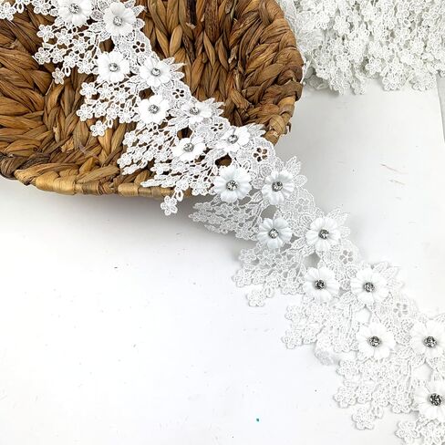 Heyiwell 1Yard Pink 3D Rhinestone Embroidered Flower with Tassel Lace Edge Trim for Sewing Crafts Clothes Dress Home Decoration 3.5" Inch in Saudi Arabia